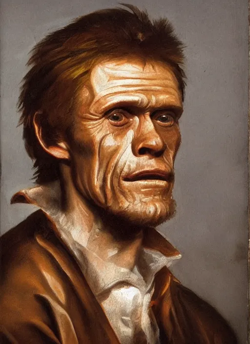 Image similar to portrait painting of willem dafoe with stubble, renaissance oil painting, studious chiaroscuro