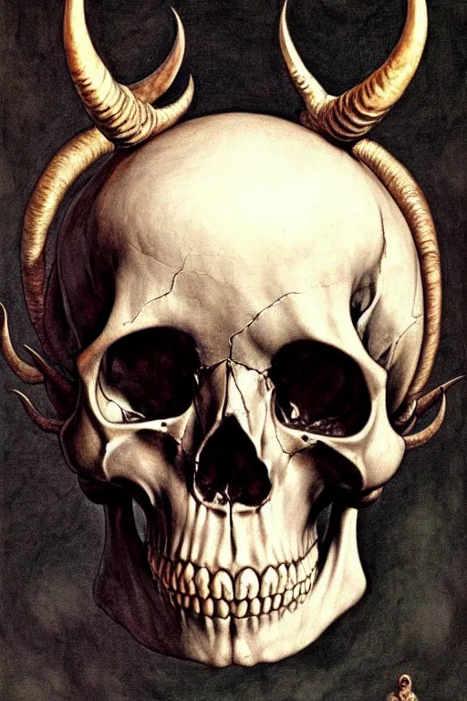 Image similar to human skull with horns and three eyes artists anatomy in the style of wayne barlowe, gustav moreau, goward, bussiere, roberto ferri, santiago caruso, luis ricardo falero, dali