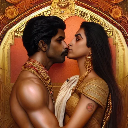 Prompt: portrait painting of dark muscular indian royal couple kissing, ultra realistic, concept art, intricate details, eerie, highly detailed, photorealistic, octane render, 8 k, unreal engine. art by artgerm and greg rutkowski and alphonse mucha