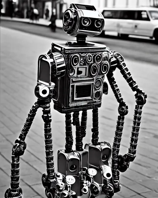 Prompt: robot made out of clock parts, hyper realism, high detail, extremely detailed, very sharp, award winning photo, in the style of vivian maier