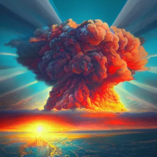 Prompt: nuclear explosion, acrilic paint, digital, artstation, detailed intricate ink illustration, heavenly atmosphere, digital art, overdetailed art, concept art, complementing colors, trending on artstation, cgstudio, the most beautiful image ever created, dramatic, subtle, details, award winning artwork, beautiful scenery