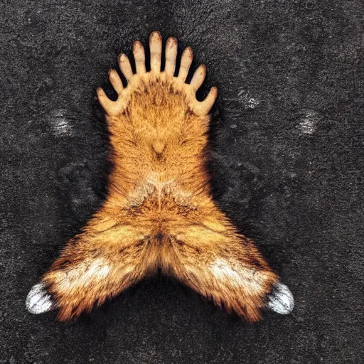 Image similar to digital art, underside of a fox paw, fluffy feet, toe beans, anatomically correct vulpine, 4 k