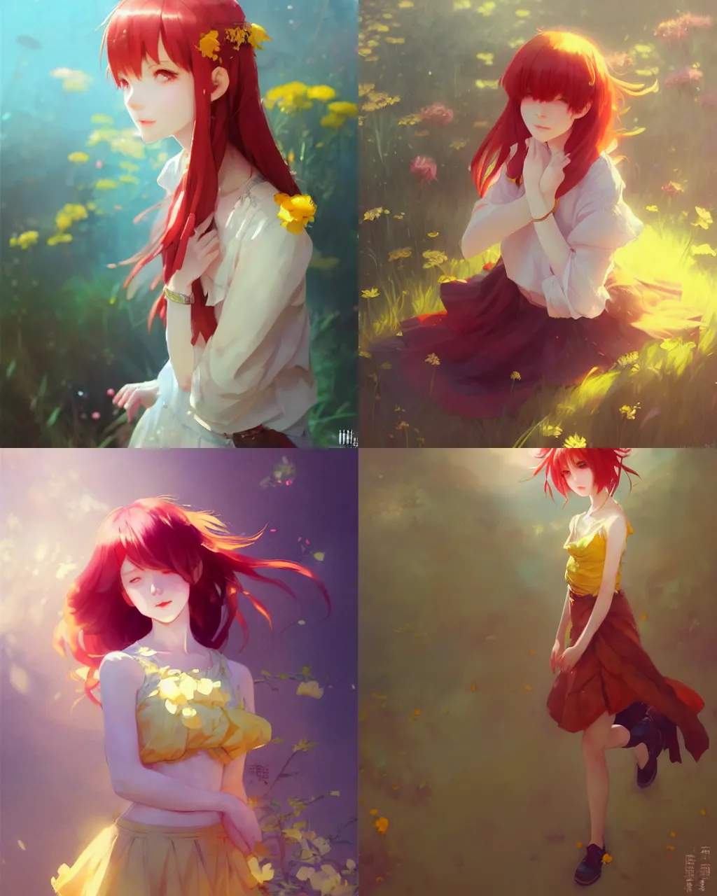 Prompt: girl with red hair and yellow skirt, flower decoration on the background, a beautiful half body illustration, top lighting, perfect shadow, soft painting, art by hidari and krenz cushart and wenjun lin