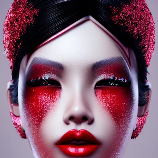 Image similar to Japanese model with maximalist hair style and makeup, fashion model, unreal engine octane, red and white, portrait, glitter, depth of field, 8k, hyper detailed, intricate, trending on artstation