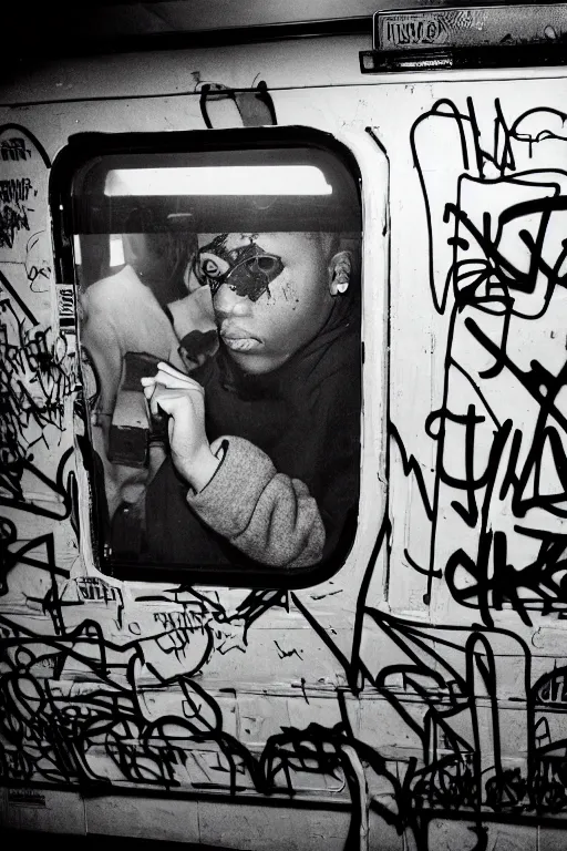 Image similar to subway cabin inside all in graffiti, man in stussy jacket closeup writing graffiti, night, film photography, exposed b & w photography, christopher morris photography