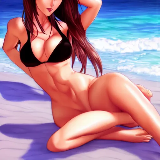 Image similar to beautiful tifa catgirl in a bikini on the beach making eye contact drawn by artgerm