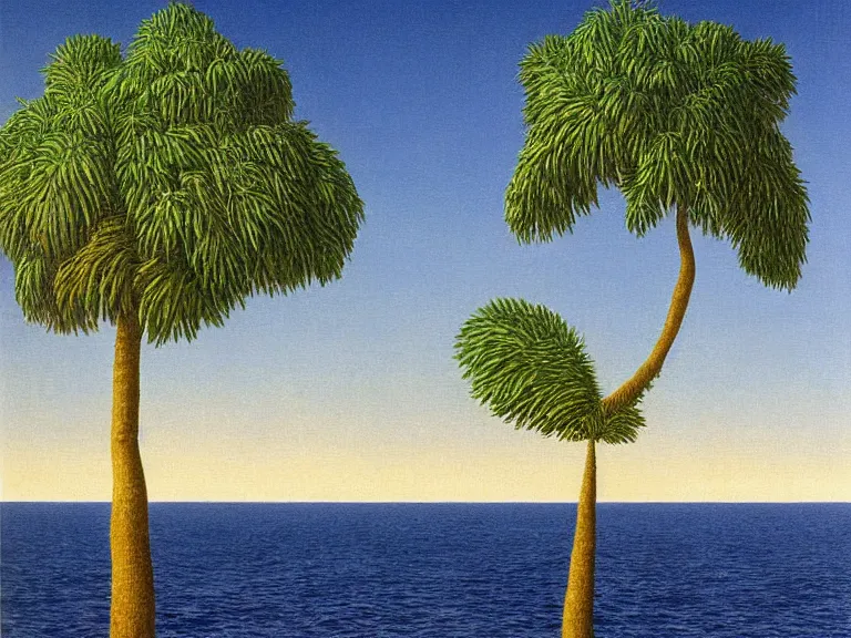 Image similar to lonely island with a palm tree in the middle of the sea painting by rene magritte, high detail, high resolution