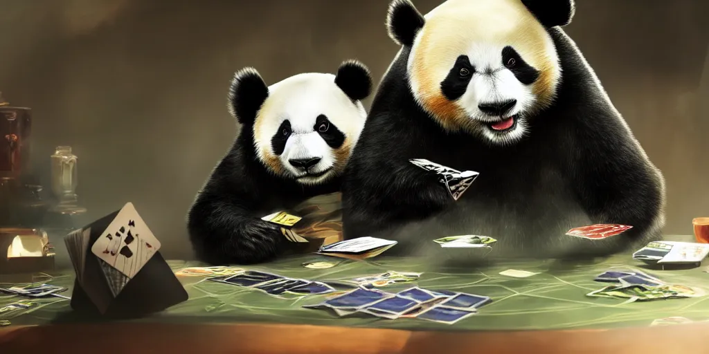 Prompt: A panda playing Magic the Gathering, artstation, 8k, photorealism