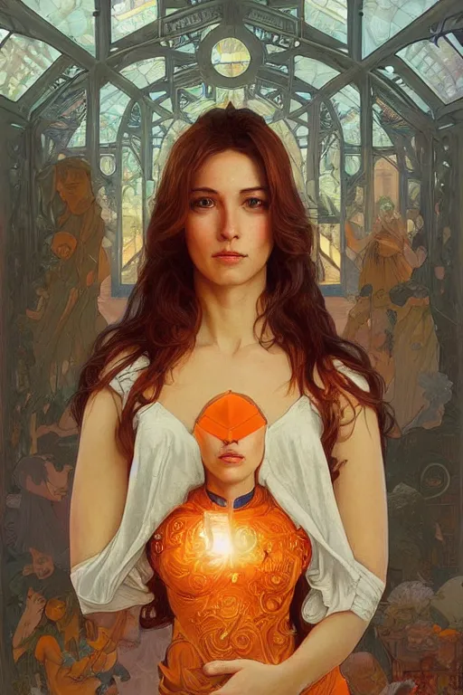 Image similar to portrait of tinfoil hat man in orange t - shirt behind his wife, feelings, romantic, fantasy, intricate, elegant, highly detailed, digital painting, artstation, concept art, smooth, sharp focus, illustration, art by artgerm and greg rutkowski and alphonse mucha