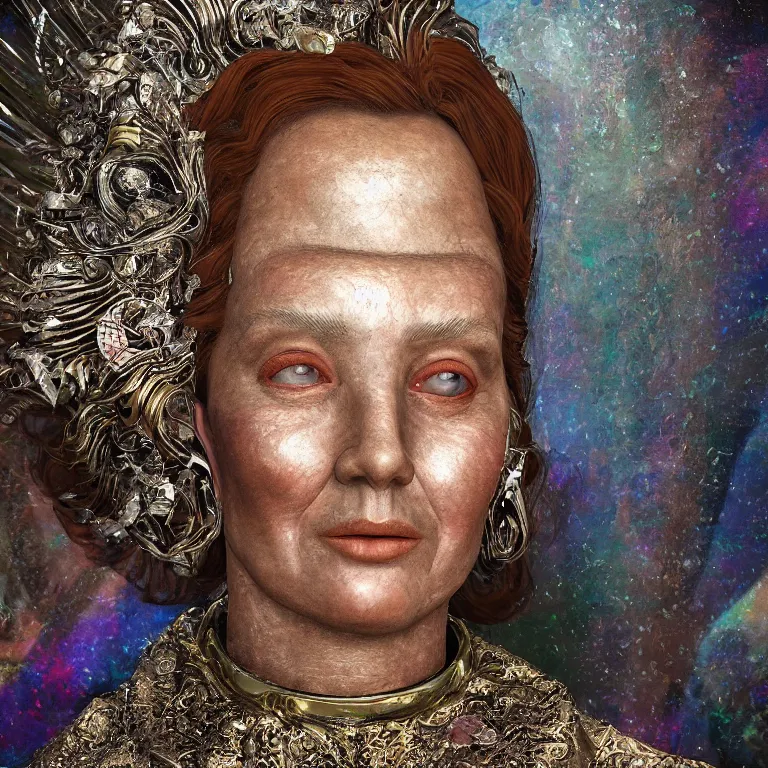 Prompt: octane render portrait by wayne barlow and carlo crivelli and glenn fabry and salvador dali, a 1 4 th century woman in a dramatic period dress with a giant iridescent silver shakespeare style collar, cinema 4 d, ray traced lighting, very short depth of field, bokeh, hypersurrealism