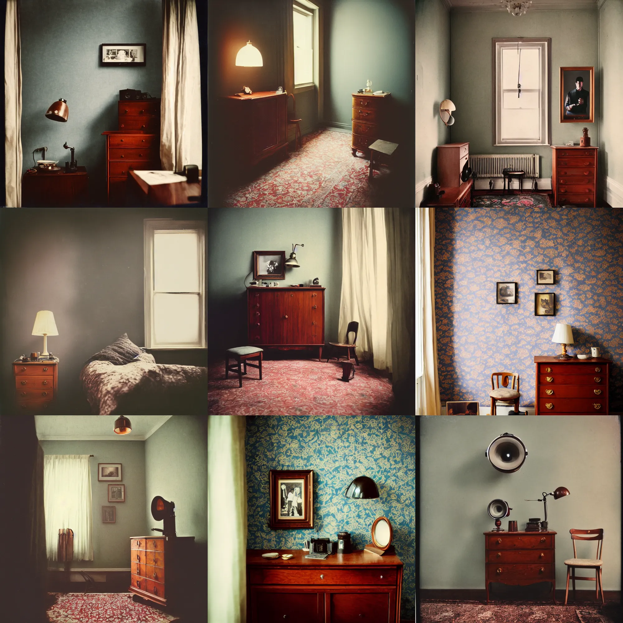 Image similar to kodak portra 4 0 0, wetplate, fisheye, award - winning portrait photo by britt marling, 1 9 2 0 s room, picture frames, 1 9 2 0 s furniture, wallpaper, carpet, shining lamp,, muted colours, blueberry, wood, fog,