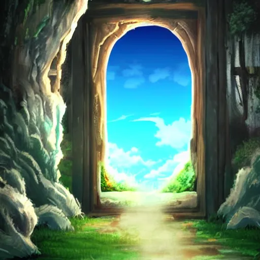 Image similar to gate portal with another world visible inside in studio ghibli style, dreamy, mystical, dark