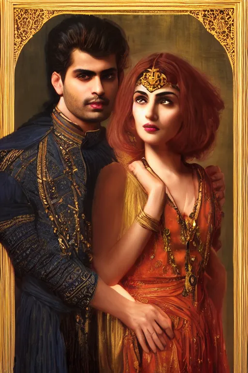 Image similar to a portrait of handsome young male indo-persian Satan and his elegant beautiful indo-persian wife, bored, illustration, dramatic lighting, soft details, painting oil on canvas, art nouveau, octane render, HDR, 4k, 8k, HD, by Edmund Blair Leighton, Brom, Charlie Bowater, trending on artstation, faces by Tom Bagshaw, Sargent