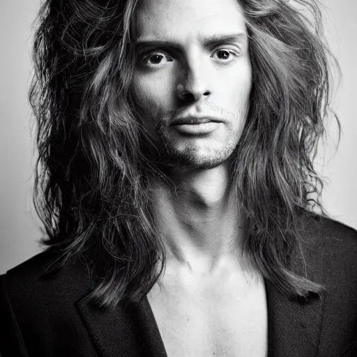 Prompt: full-face portrait of a typical person with waist-length incredible hair by Richard Avedon, beautiful muted hyper-detailed eyes, male with halo, aquiline nose, XF IQ4, 150MP, 50mm, F1.4, ISO 200, 1/160s, natural light, Adobe Lightroom, photolab, Affinity Photo, PhotoDirector 365