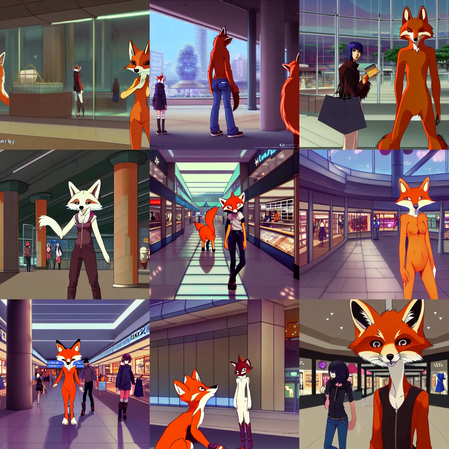 Image similar to an anthropomorphic furry fox shopping at a futuristic mall, photorealistic, anime, makoto shinkai, james gurney, don bluth!!!, hibbary, dark natasha, goldenwolf, furaffinity