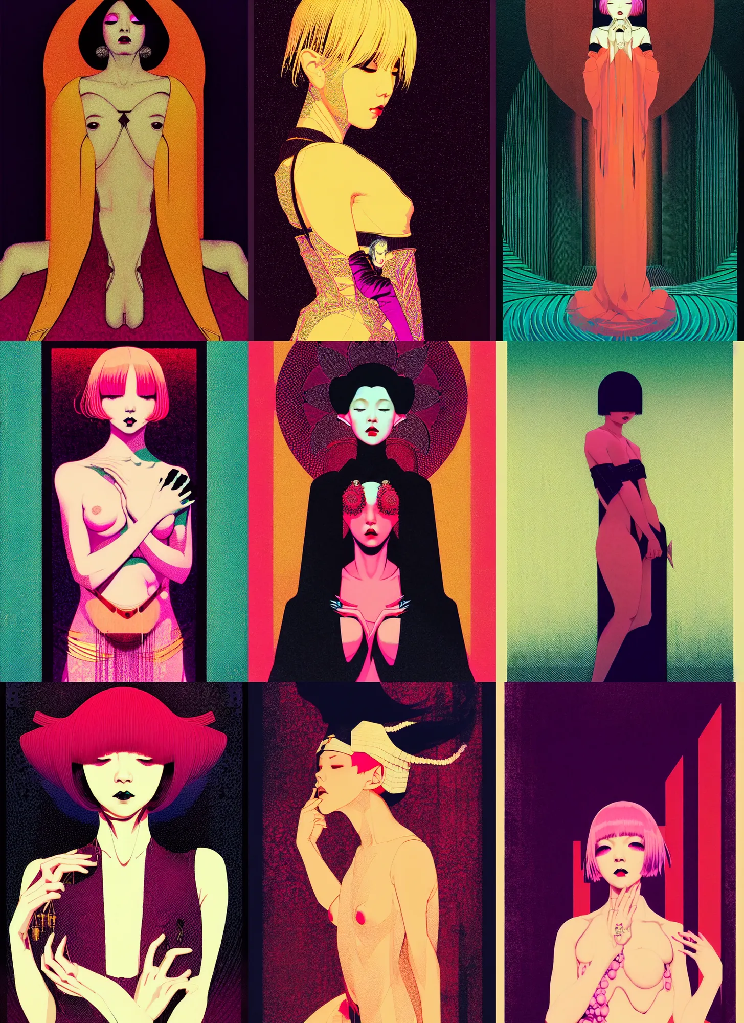 Prompt: ( ( dither ) ), editorial illustration portrait of seductive posing priestess like reol, dynamic pose, modern art deco, colorful, ( ( mads berg ) ), christopher balaskas, victo ngai, rich grainy texture, detailed, dynamic composition, wide angle, moebius, matte print, wood block print, gustav klimt