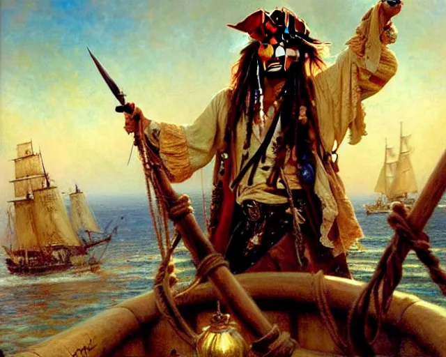 Image similar to jack sparrow sailing a ship, painting by gaston bussiere, craig mullins, j. c. leyendecker