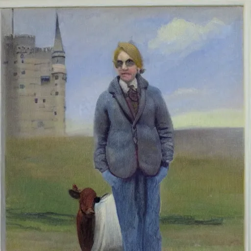 Image similar to painting by zorn, cow, dressed, anthropomorphic!!, wearing!!! clothes!!! jeans!!! standing next to royal castle!!