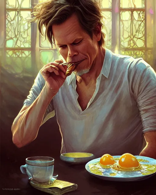 Prompt: kevin bacon eating fried eggs, highly detailed, gold filigree, romantic storybook fantasy, soft cinematic lighting, award, disney concept art watercolor illustration by mandy jurgens and alphonse mucha and alena aenami, pastel color palette, featured on artstation