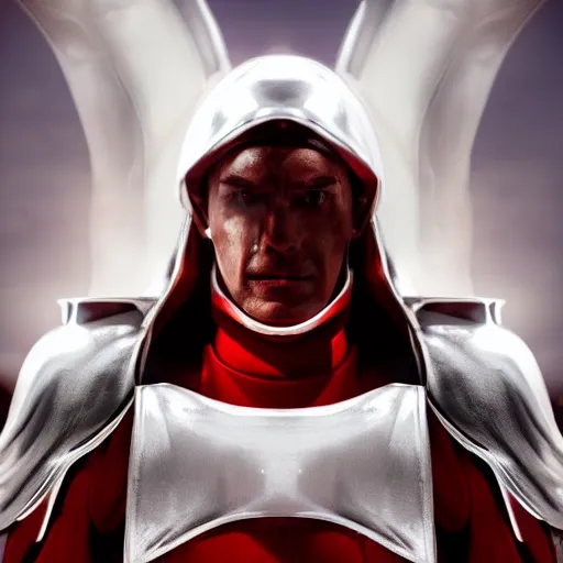 Prompt: portrait of a tall muscular infantry man in glossy sleek white armor with a few red details and a long red cape, heroic posture, deermined expression, on the surface of mars, night time, dramatic lighting, cinematic, sci-fi, hyperrealistic, movie still