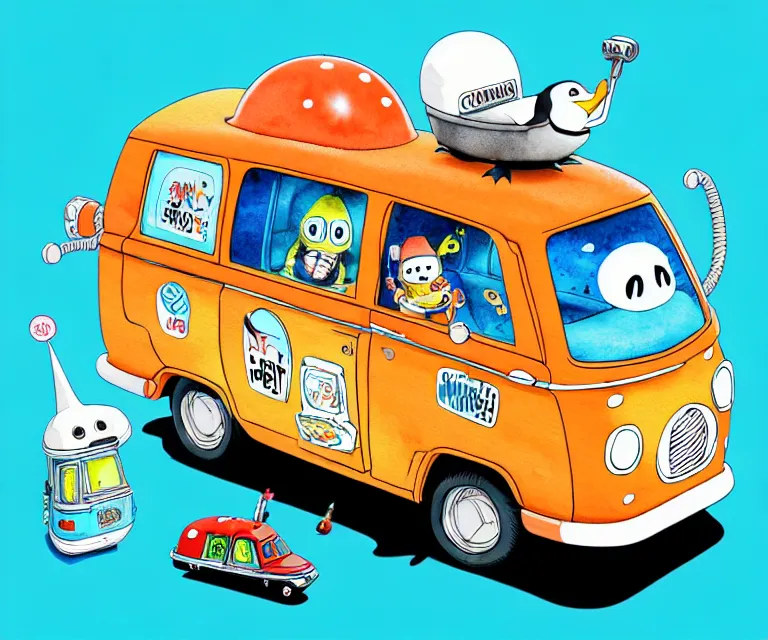 Image similar to cute and funny, penguin wearing a helmet riding in a tiny mystery machine van with an oversized engine, ratfink style by ed roth, centered award winning watercolor pen illustration, isometric illustration by chihiro iwasaki, edited by range murata, tiny details by artgerm and watercolor girl, symmetrically isometrically centered, sharply focused