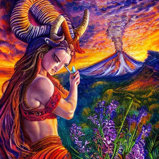 Prompt: detailed acrylic on canvas by josephine wall, horned ram goddess checking her cell phone, erupting volcano and sunset in distance, flowers in foreground, fantasy, trending on artstation, by senior concept artist, intricately detailed, high resolution, hdr, 8 k