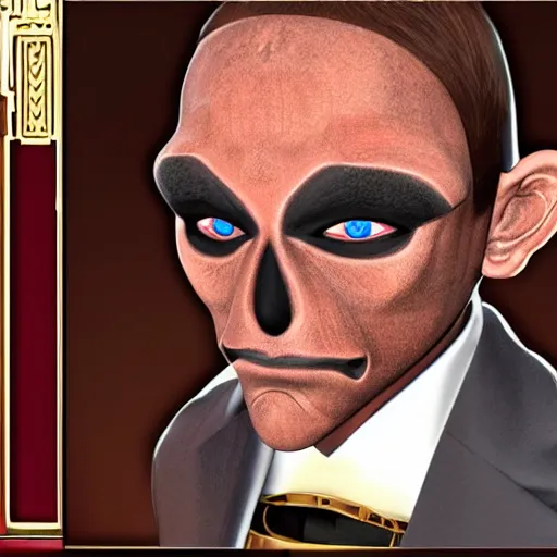 Image similar to dagoth ur mask in a tuxedo straightening his tie photo realistic very very very realistic expertly detailed digital artwork