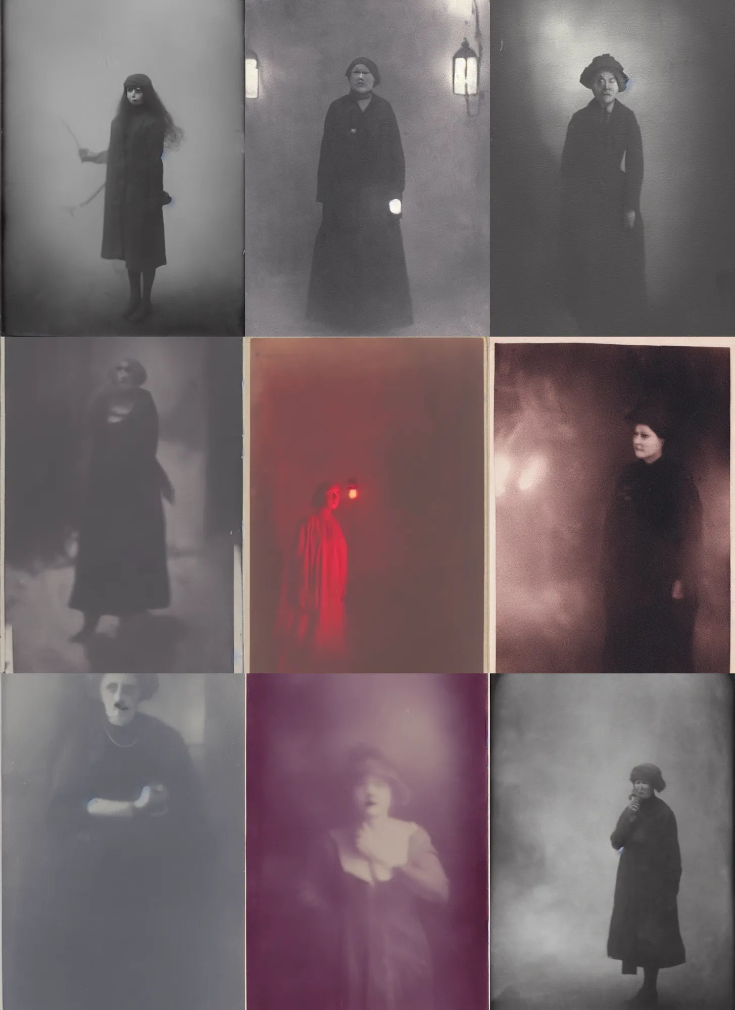 Prompt: photograph of a creepy woman by qimmy shimmy, scary, red lights, 1 9 1 6, fog, atmospheric