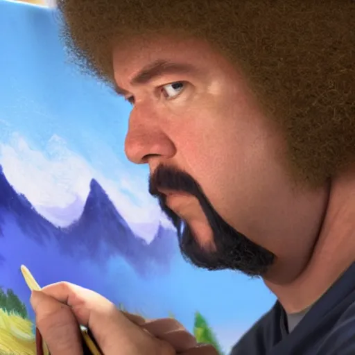 Image similar to a closeup photorealistic photograph of bob ross working on an image of kenny powers baseball bat paintbrush on a canvas. mountains and trees. film still. brightly lit scene. this 4 k hd image is trending on artstation, featured on behance, well - rendered, extra crisp, features intricate detail, epic composition and the style of unreal engine.