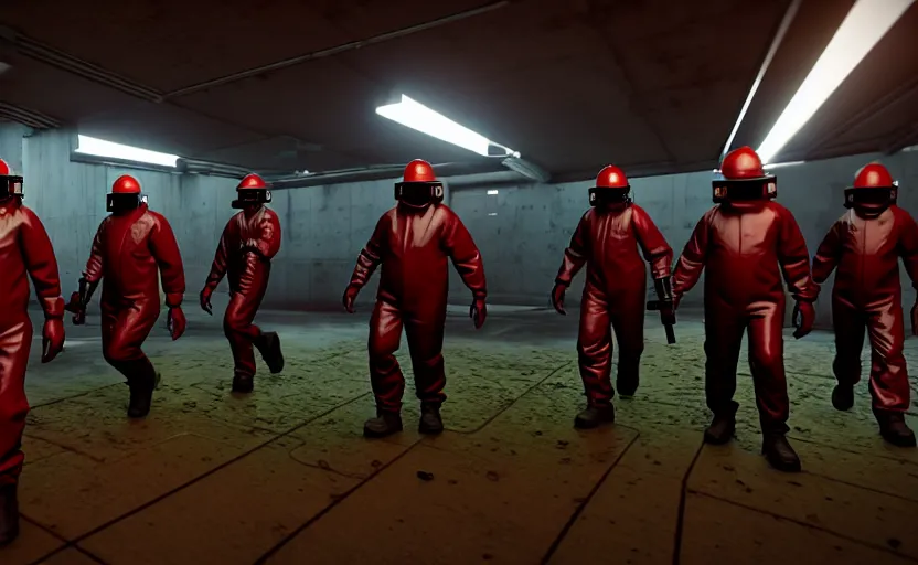 Image similar to in-game screenshot of a group of dark red hazmat scientists holding guns walking on unreal engine 5, in a liminal underground garden, photorealistic, retrofuturism, brutalism, staggered terraces, minimalist, soft vintage glow