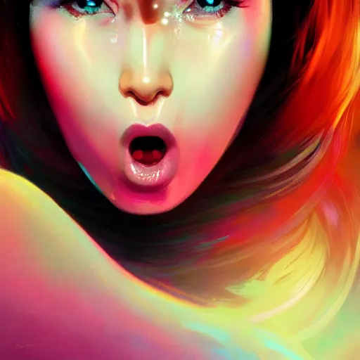 Prompt: screaming hologram woman with cute - fine - face, pretty face, oil slick hair, realistic shaded perfect face, extremely fine details, by realistic shaded lighting, dynamic background, poster by ilya kuvshinov katsuhiro otomo, magali villeneuve, artgerm, jeremy lipkin and michael garmash and rob rey, pascal blanche, kan liu