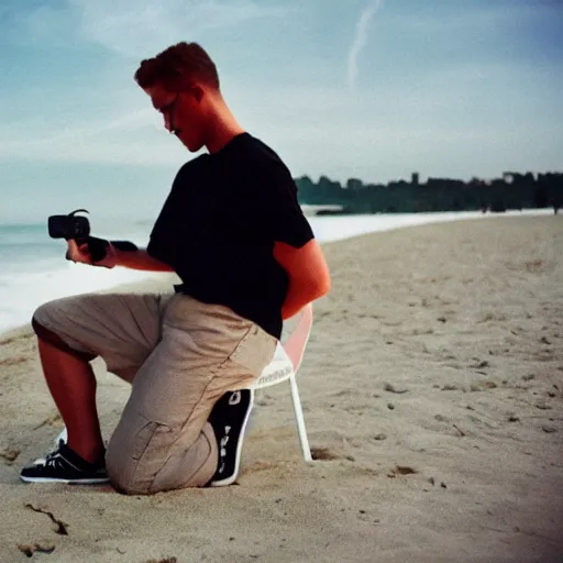 Prompt: person photographs his white nike air force one sneaker on a beach, color film photography, 3 5 mm, pov