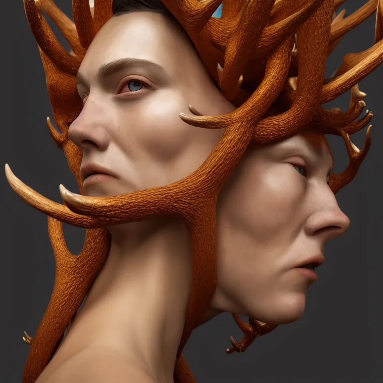 Prompt: portrait ms with ribbed body, covered with twisted ribbed crooked antlers, baroque portrait by rutkowsky and charles vess and james jean and erik jones and rhads, 3 d octane render, beautiful fine face features, intricate high details, sharp, ultradetailed, artistic photography