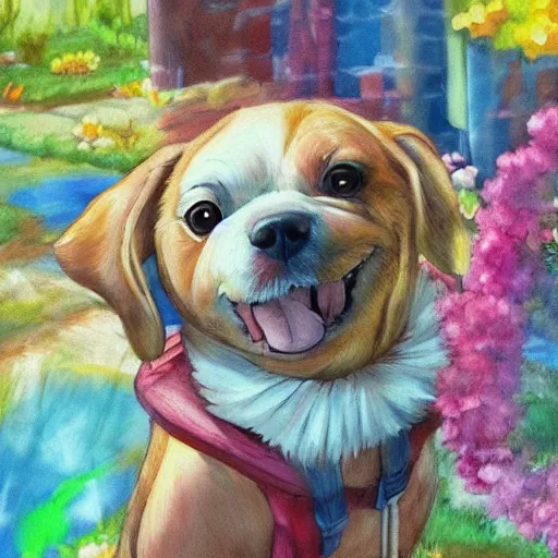 Image similar to painting of cute dog, full size, in style of studio ghibli, photorealistic