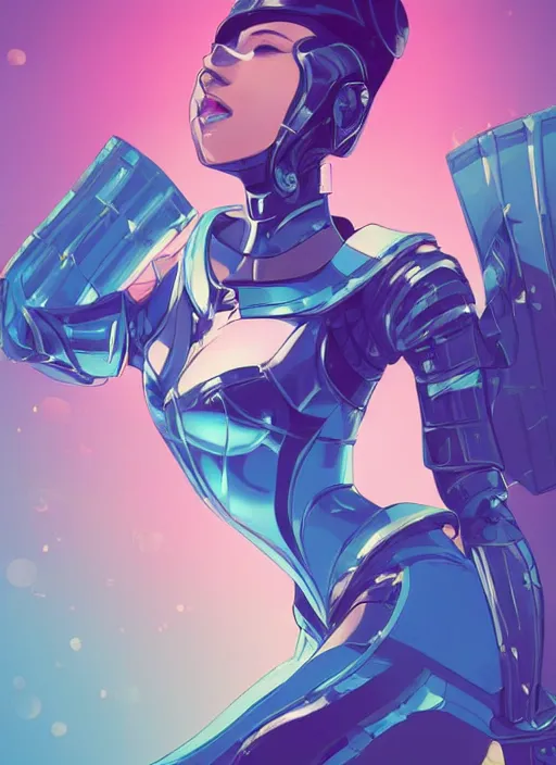 Prompt: a young woman in blue full plate armor in a dramatic pose. the armor glows, bursting with light from the decoration. clean cel shaded vector art. shutterstock. behance hd by lois van baarle, artgerm, helen huang, by makoto shinkai and ilya kuvshinov, rossdraws, illustration, art by ilya kuvshinov