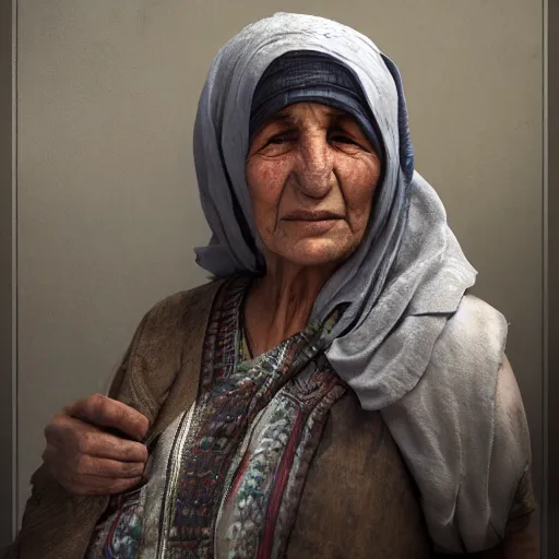 Image similar to hyperrealistic mixed media high resolution image of a Kurdish grandmother, stunning 3d render inspired art by István Sándorfi and Greg Rutkowski and Unreal Engine, perfect symmetry, dim volumetric lighting, 8k octane beautifully detailed render, post-processing, extremely hyper-detailed, intricate, epic composition, highly detailed attributes, highly detailed atmosphere, full body shot, cinematic lighting, masterpiece, trending on artstation, very very detailed, masterpiece, stunning, flawless structure, lifelike texture, perfection,