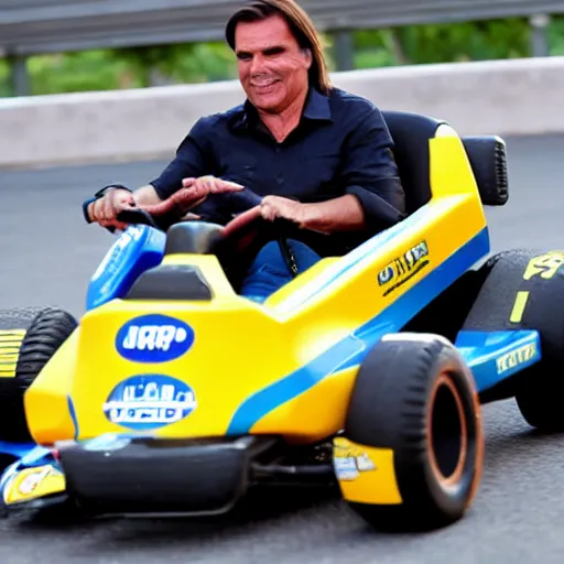 Prompt: jair bolsonaro racing a go kart in interlagos
