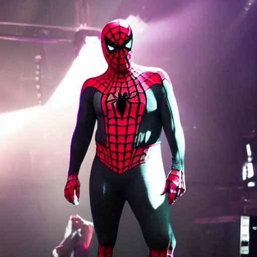 Image similar to till lindemann in costume of spider man