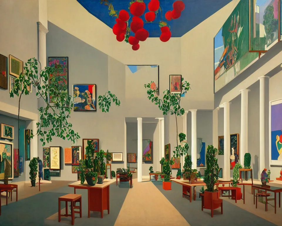 Prompt: an achingly beautiful print of the interior of a modern art museum with vibrant paintings lining the walls, classical antiquities on display, and tiny potted plants by Raphael, Hopper, and Rene Magritte. detailed, romantic, enchanting, trending on artstation.