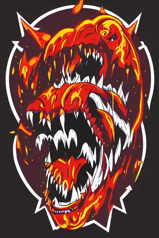 Image similar to Evil t-rex, the devil, sticker, blood thirsty, spawn of Satan, burning in hell, blood, evil, colorful, illustration, highly detailed, simple, smooth and clean vector curves, no jagged lines, vector art, smooth