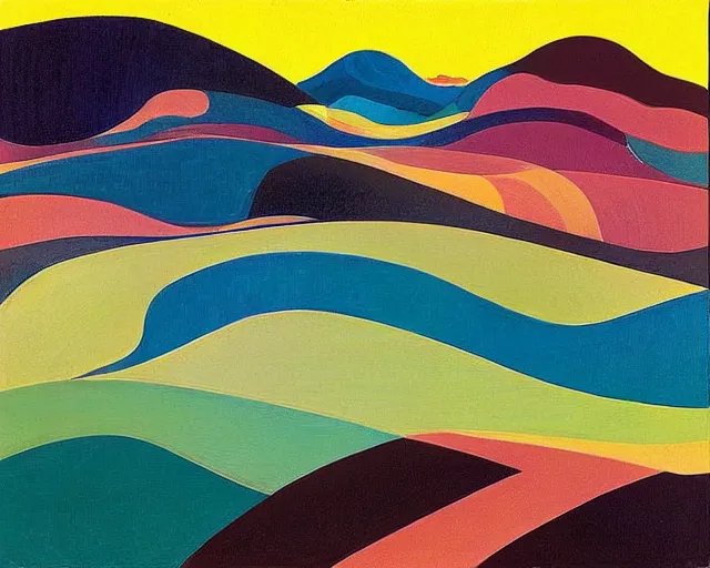 Image similar to A wild, insane, modernist landscape painting. Wild energy patterns rippling in all directions. Curves, organic, zig-zags. Saturated color. Mountains. Clouds. Rushing water. Wayne Thiebaud. Lisa Yuskavage landscape.