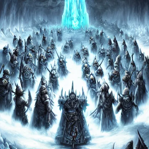 Image similar to vast ice dungeon, the lich king summoning a horde of undead warriors, warcraft, warcraft artwork, digital drawing, hyperrealistic, hyper detailed, dark fantasy, gritty