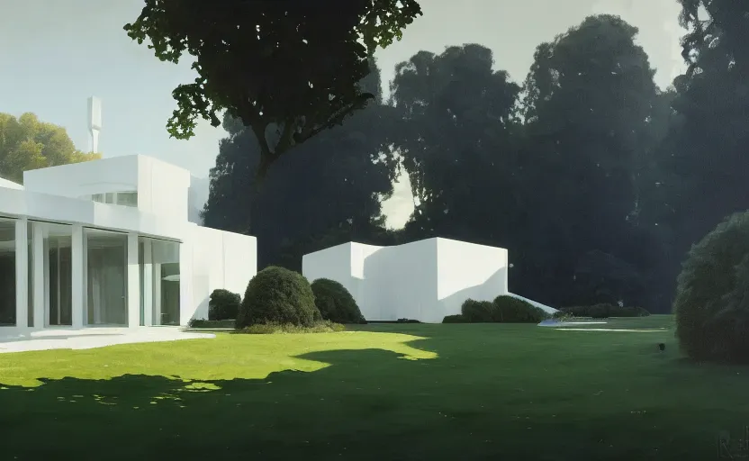 Image similar to painting of a wide angle exterior shot of a white modern architecture in the middle of an english garden with cinematic lighting by peter zumthor and frank gehry and renzo piano, darek zabrocki and greg ruthkowski, alphonse mucha, simon stalenhag and cinematic and blue cold atmospheric, archillect concept art, artstation, trending on artstation