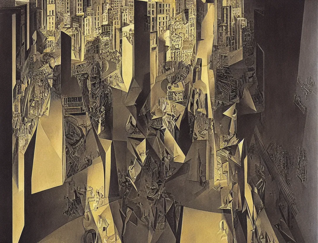 Prompt: a robot followed by a watchful light wandering the streets of a city, high angle, stylized, sparse detail, by remedios varo, picasso and moebius