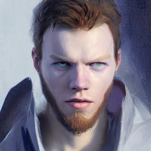 Prompt: portrait of a man by greg rutkowski, jedi knight, he looks like cameron monaghan, short beard, wearing a blue flying jacket, star wars expanded universe, he is about 3 0 years old, highly detailed portrait, digital painting, artstation, concept art, smooth, sharp foccus ilustration, artstation hq