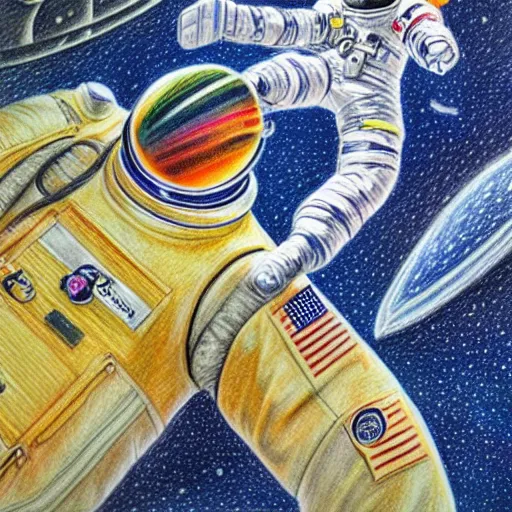 Image similar to highly detailed color pencil drawing of an astronaut drifting in space