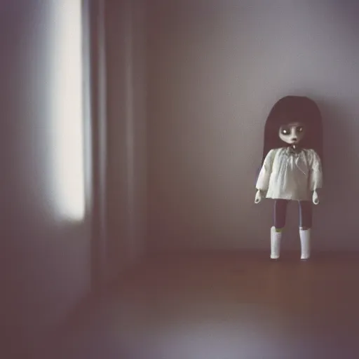 Image similar to fujifilm superia photo of a scary doll in empty office room, liminal, gloomy, grainy