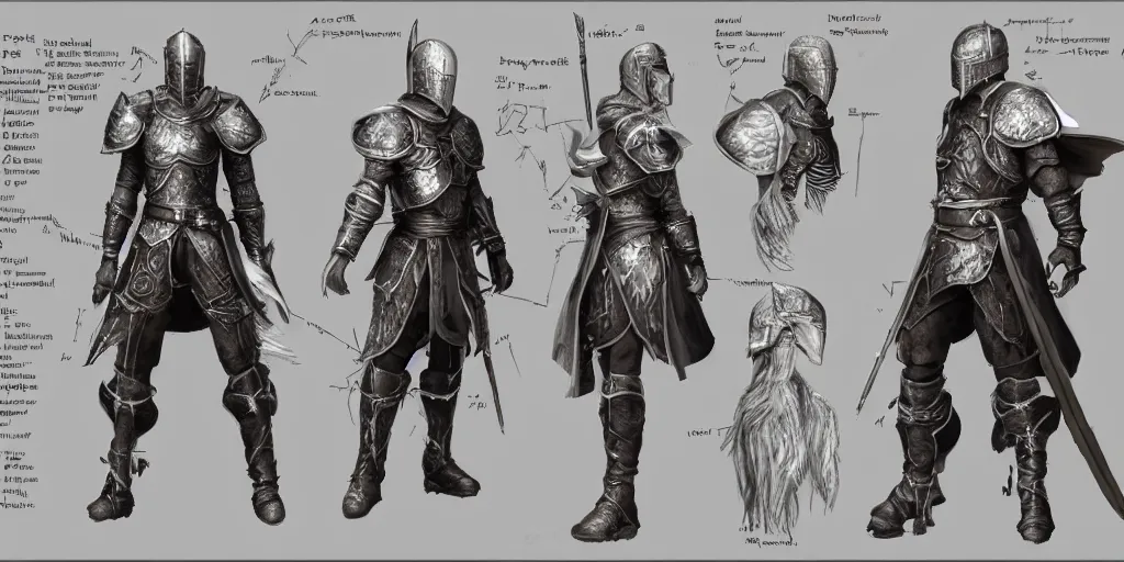 Prompt: RPG game character sheet for a character that looks like a knight, wearing armor, HDR, 4k, 8k, extremely detailed, final fantasy style, includes different angles of the character to use when they turn in the game