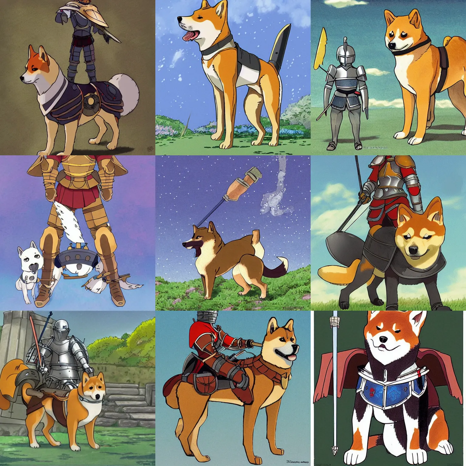 Prompt: shiba inu in knight armor preparing for battle by studio ghibli