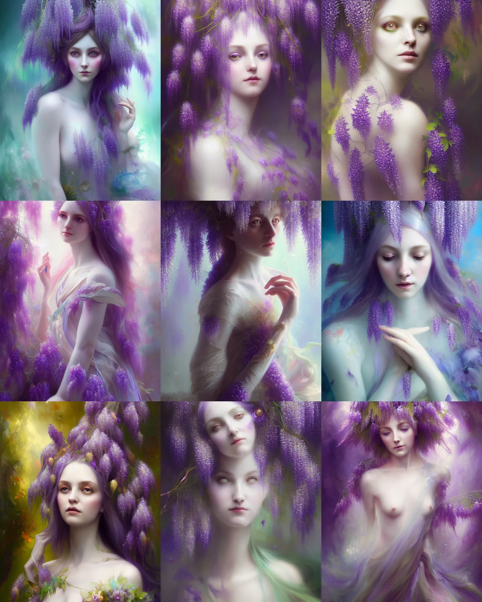 Prompt: Full View Portrait Mystical ethereal wisteria deity wearing beautiful dress, wisteria Dryad, 4k digital masterpiece by Anna dittman and Ruan Jia and Alberto Seveso, fantasycore, Hyperdetailed, realistic oil on linen, soft lighting, wisteria background, featured on Artstation